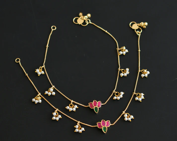 Gold Tone Pink-Green Kundan Jadau Pearl Cluster Lotus Anklets